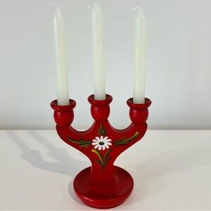 Vintage Swedish red wooden candelabra hand painted folk art Scandinavian decor